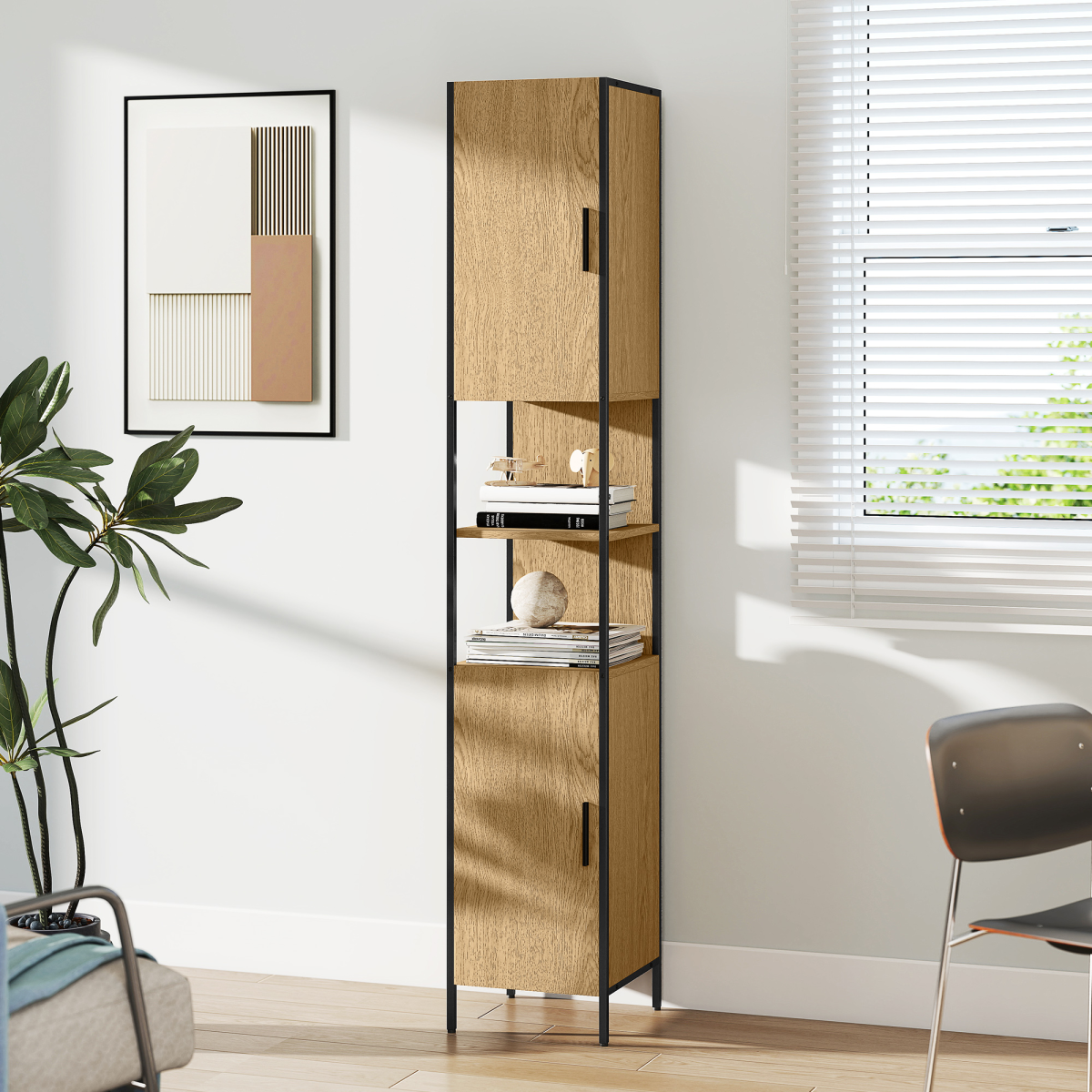HOMCOM Slim Bathroom Storage Cabinet with 2 Doors Open Compartments Natural