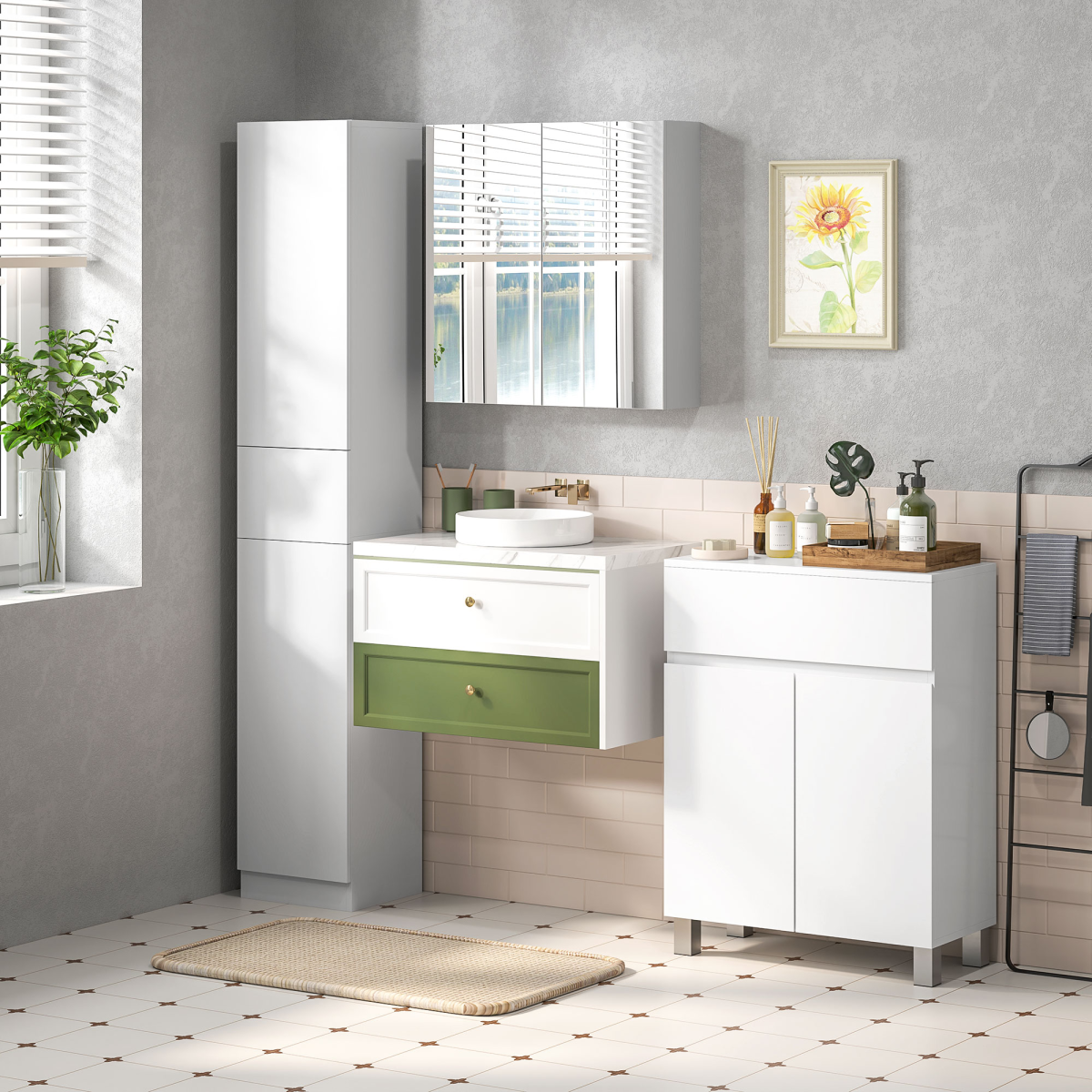 kleankin High Gloss Tall Bathroom Cabinet with Adjustable Shelves White