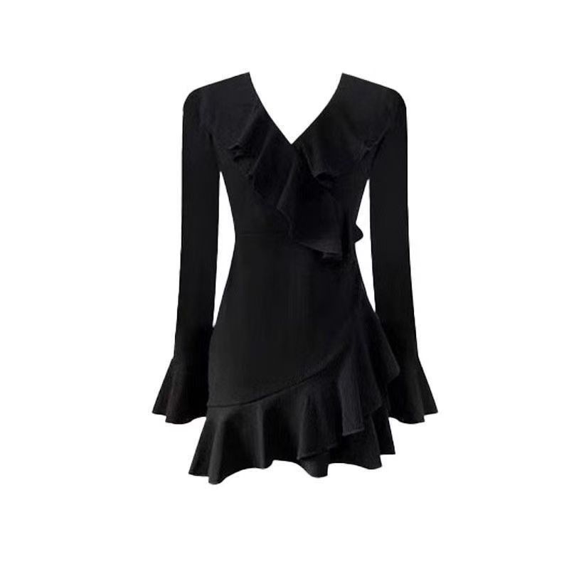 New Arrival Little Black Dress With Ruffled Hem V-neck And Flared Sleevessassy And Chic