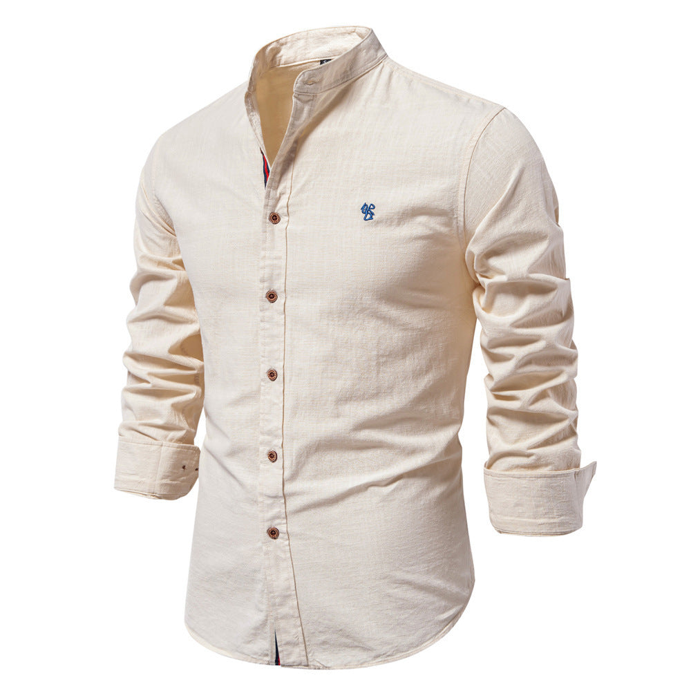 Men's Cotton And Linen Casual Fashion Solid Color Long Sleeve Henley Shirt