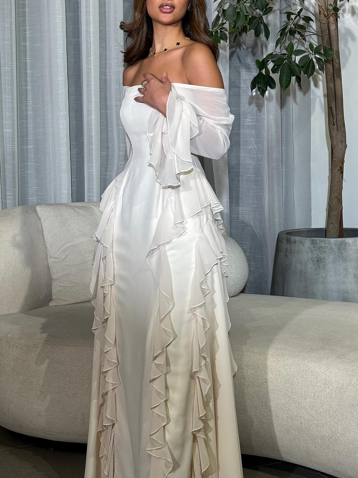 Off-the-shoulder Ruffled Long-sleeved Maxi Dress