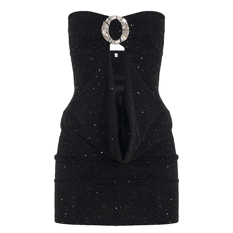 Sexy Sequined Tube Top Hollow-out Pleated Elegant Dress