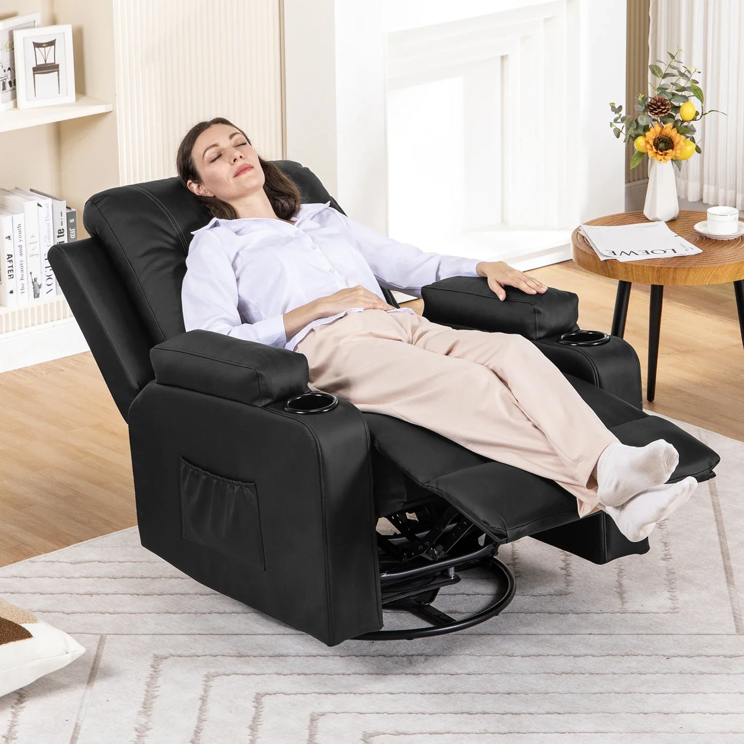 COMHOMA Recliner Armchair Rocker Reclining Chair with Massage & Heat Padded Seat Extended Footrest Oversized Swivel Lounge Sofa