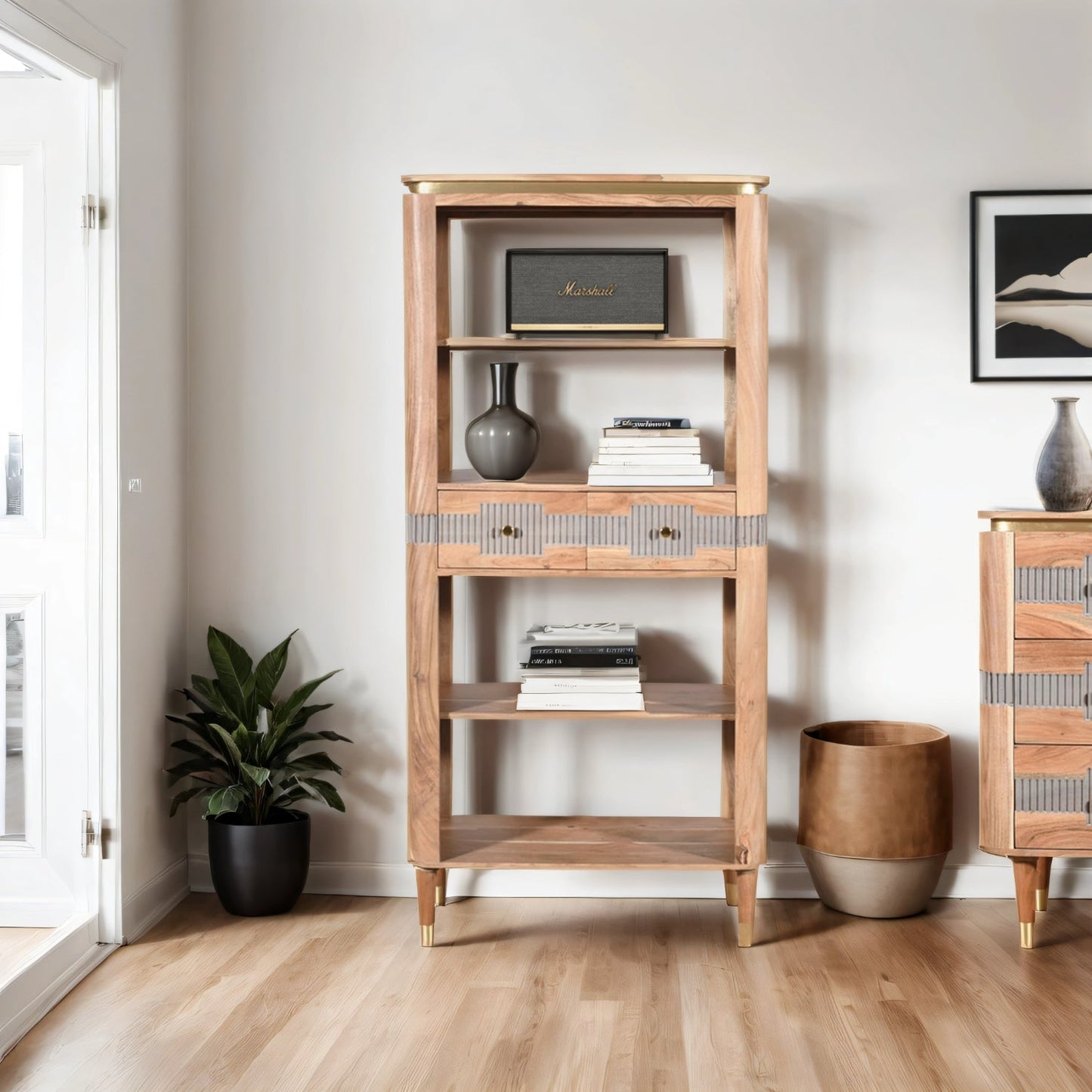 Berkley Acacia Wood 2 Drawers Open Bookcase