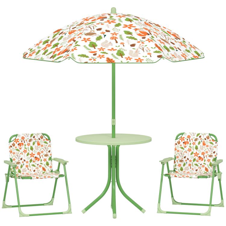 4-Piece Kids Garden Table and Chair Set with Adjustable Parasol, Folding Chairs, Table, Nature Pattern, Green