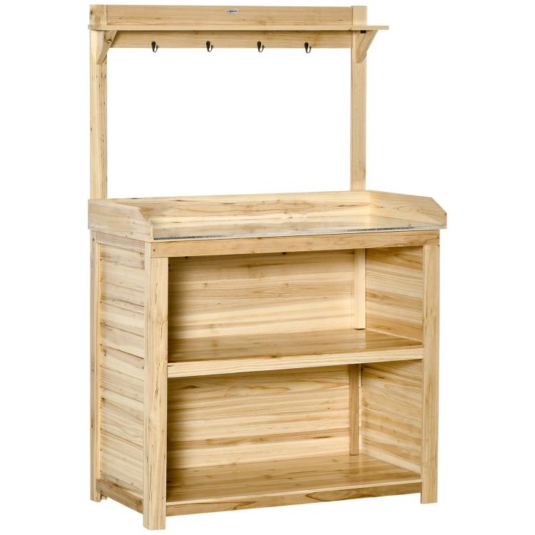 Garden Potting Bench Table, Wooden Workstation Bench w/ Galvanized Metal Tabletop, Storage Shelves and Hooks, Natural