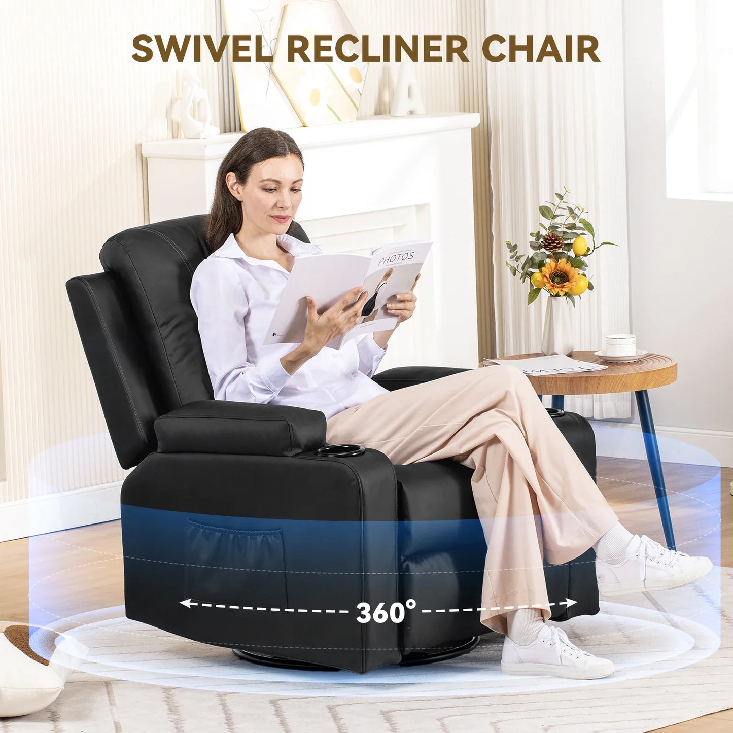 COMHOMA Recliner Armchair Rocker Reclining Chair with Massage & Heat Padded Seat Extended Footrest Oversized Swivel Lounge Sofa