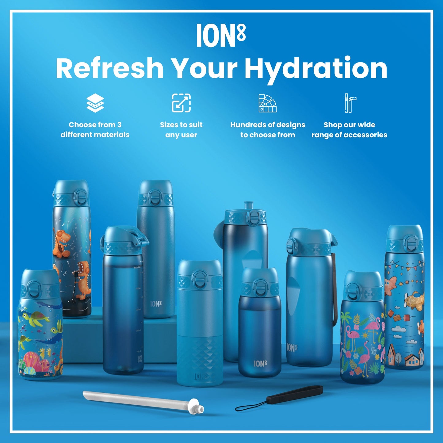 Leak Proof Slim Water Bottle, Stainless Steel, Dino Band, 600ml (20oz)