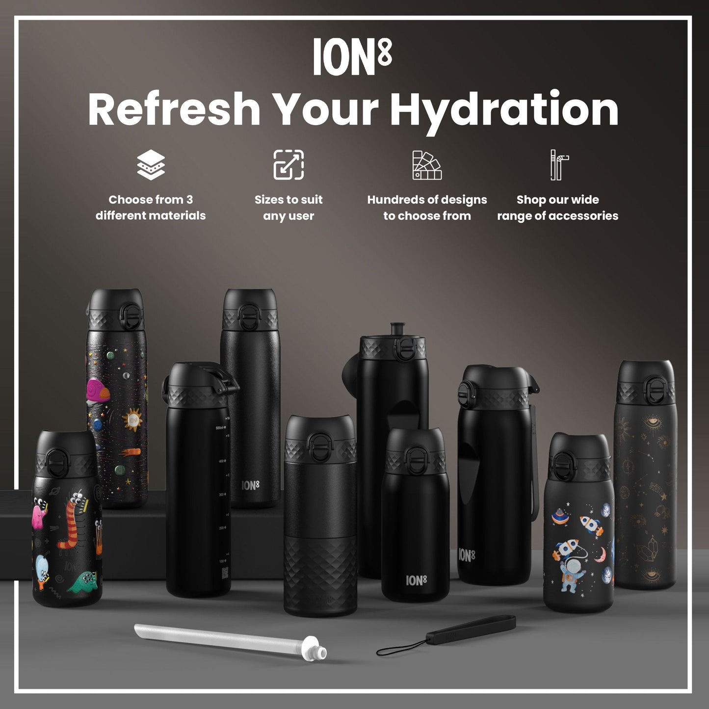 Leak Proof Slim Thermal Water Bottle, Insulated Steel, Spaceships, 500ml (17oz)
