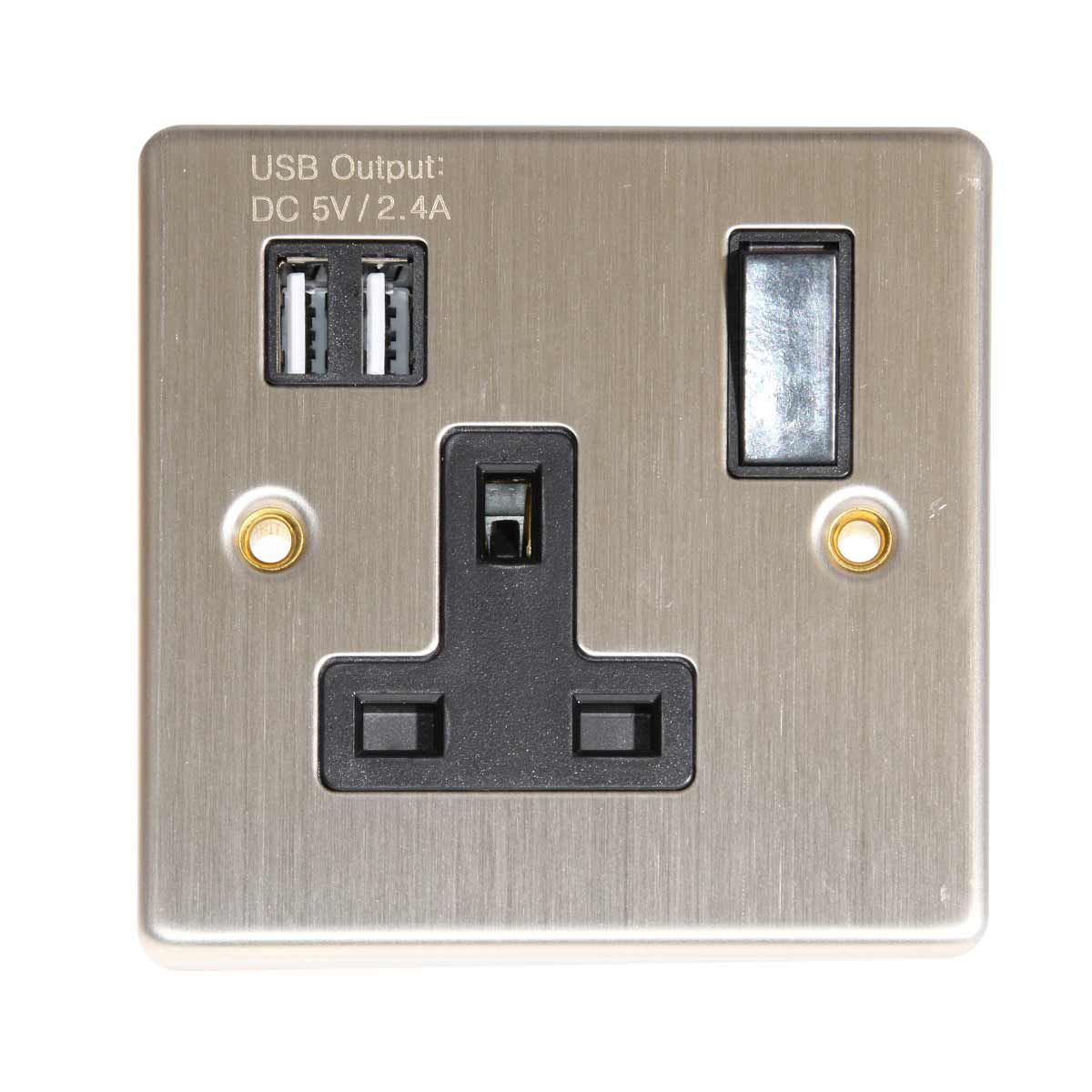 Round Edge Single Socket Brushed Steel (Switched, 2 USB Charger Ports)