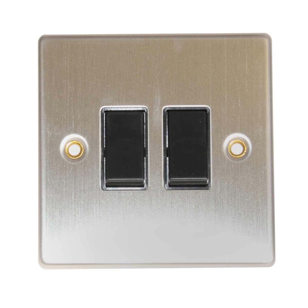 Round Edge Double Switch in Brushed Steel and Black (2 Way / 10A)