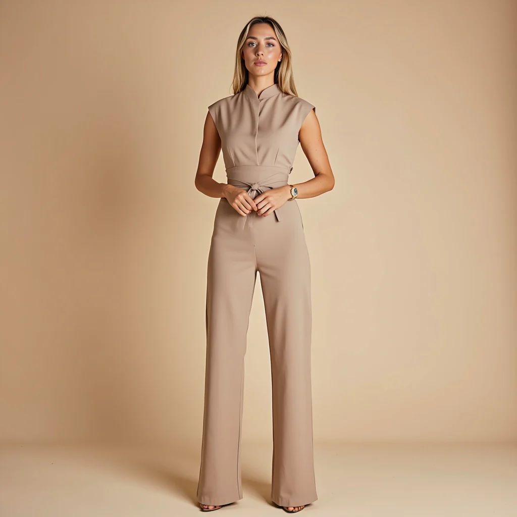 Temperament strap waist cinching jumpsuit sleeveless wide leg pants