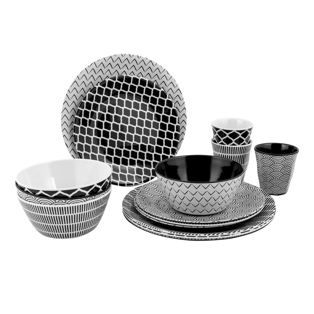 Bo-Camp Tableware Mix & Match Melamine (16 Pieces / Black/White)