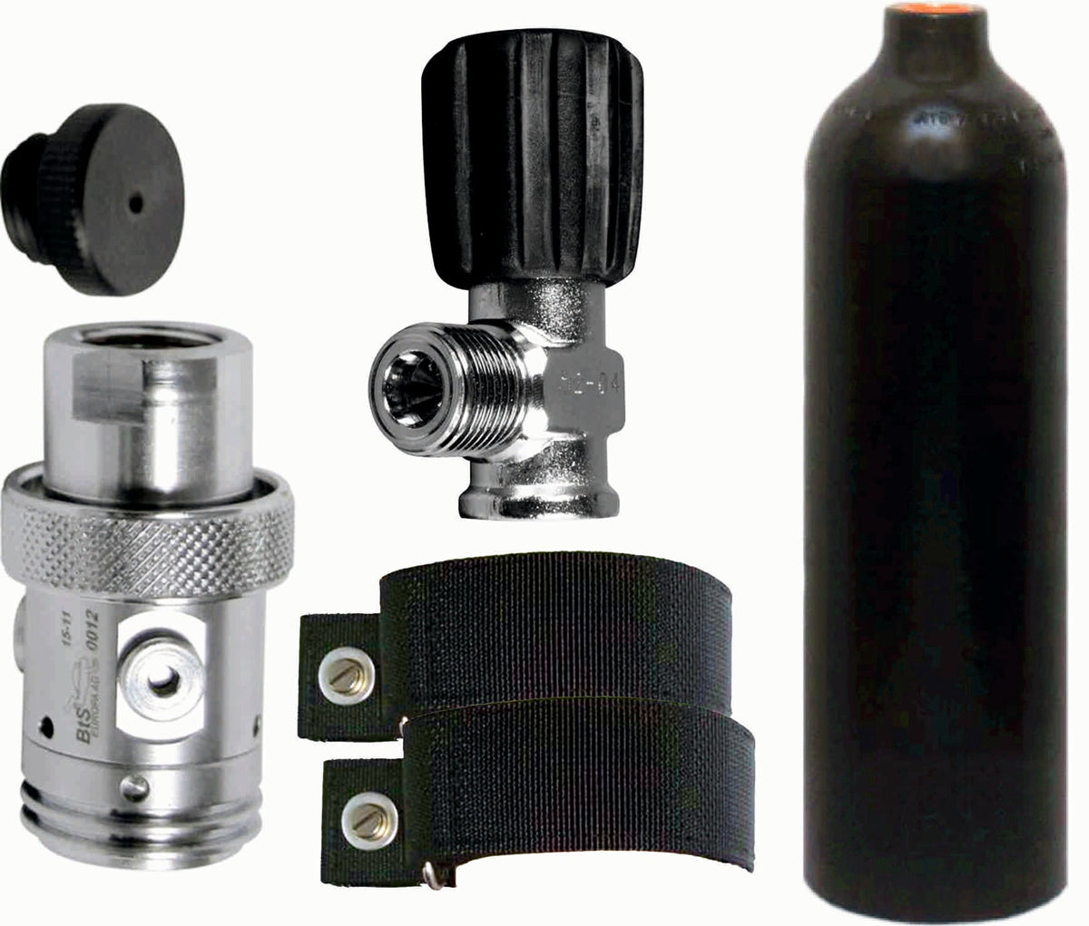 BTS 0.85 Litre 230 Bar Black Luxfer Aluminium Cylinder with W21.8 Inert Gas Valve, 1st Stage, OPV & Backplate Mounting Straps S20999905