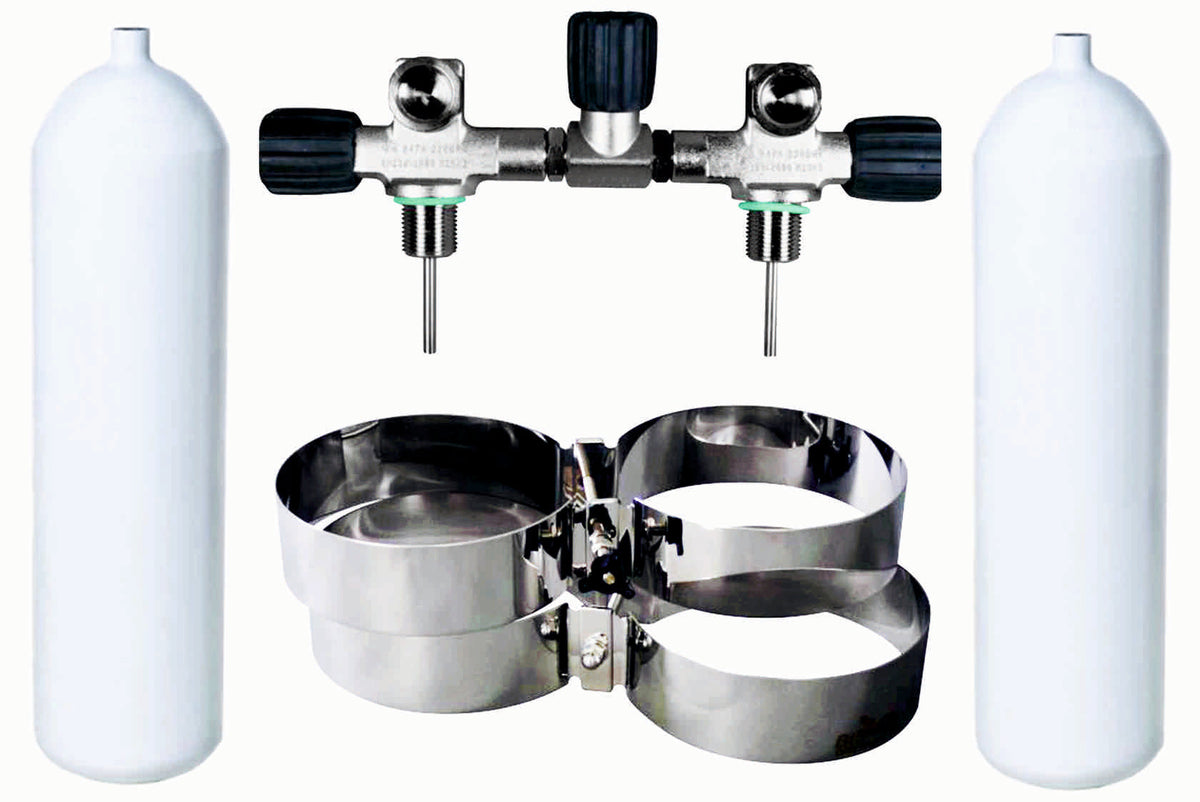BTS 18 Litre 230 Bar DIN Steel Cylinder Twin Set with Isolation Manifold & Bands S16116690