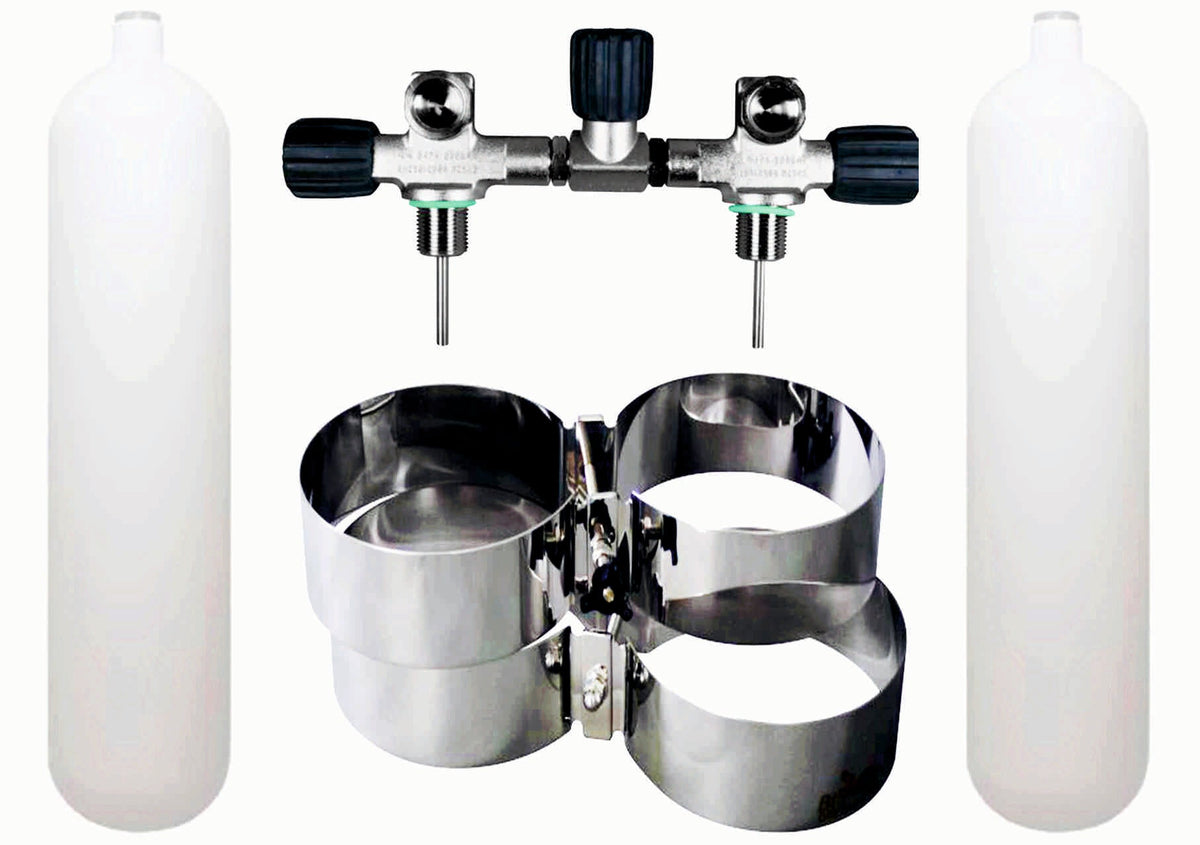 BTS 7 Litre 230 Bar DIN Steel Cylinder Twin Set with Isolation Manifold & Wide Bands S16116689