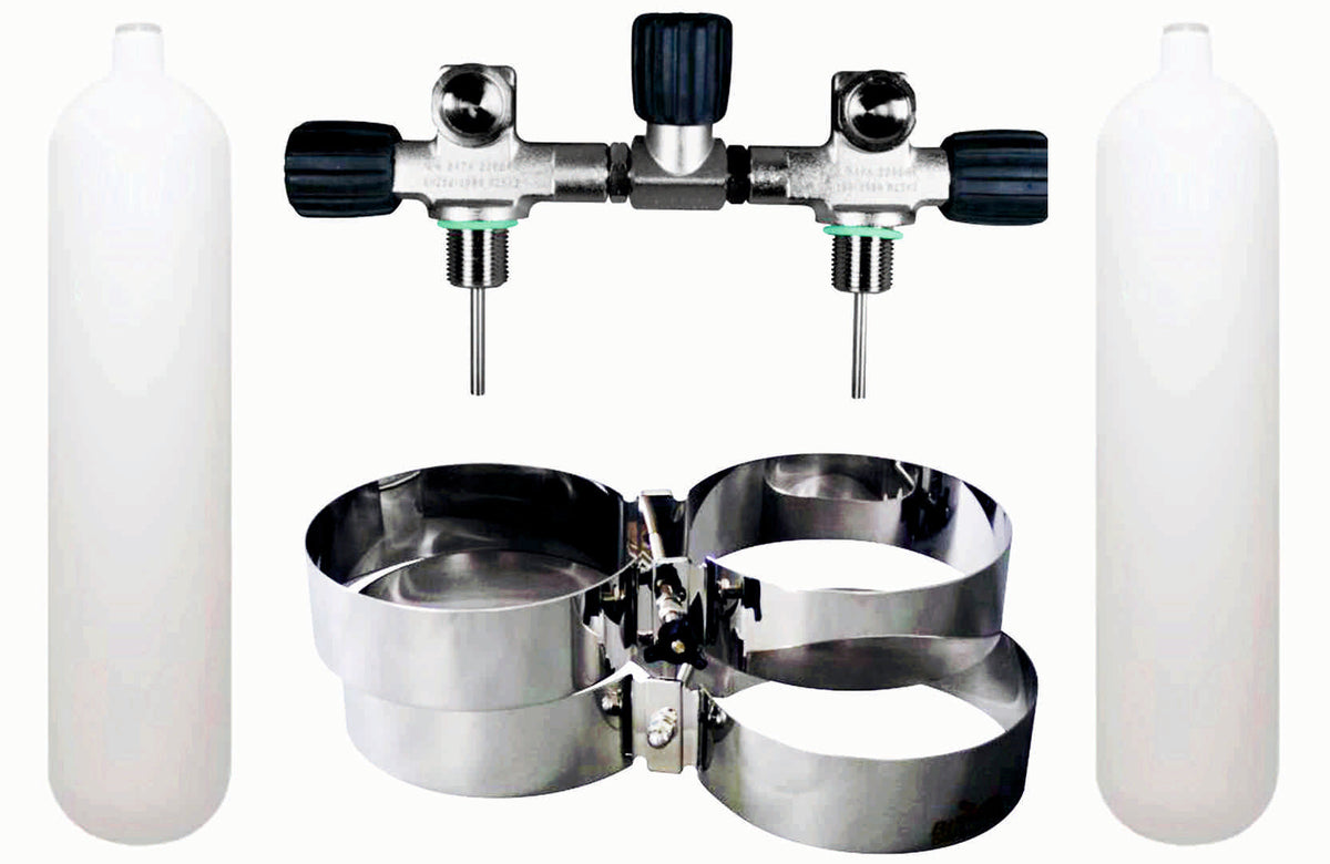BTS 7 Litre 300 Bar DIN Steel Cylinder Twin Set with Isolation Manifold & Bands S16116662