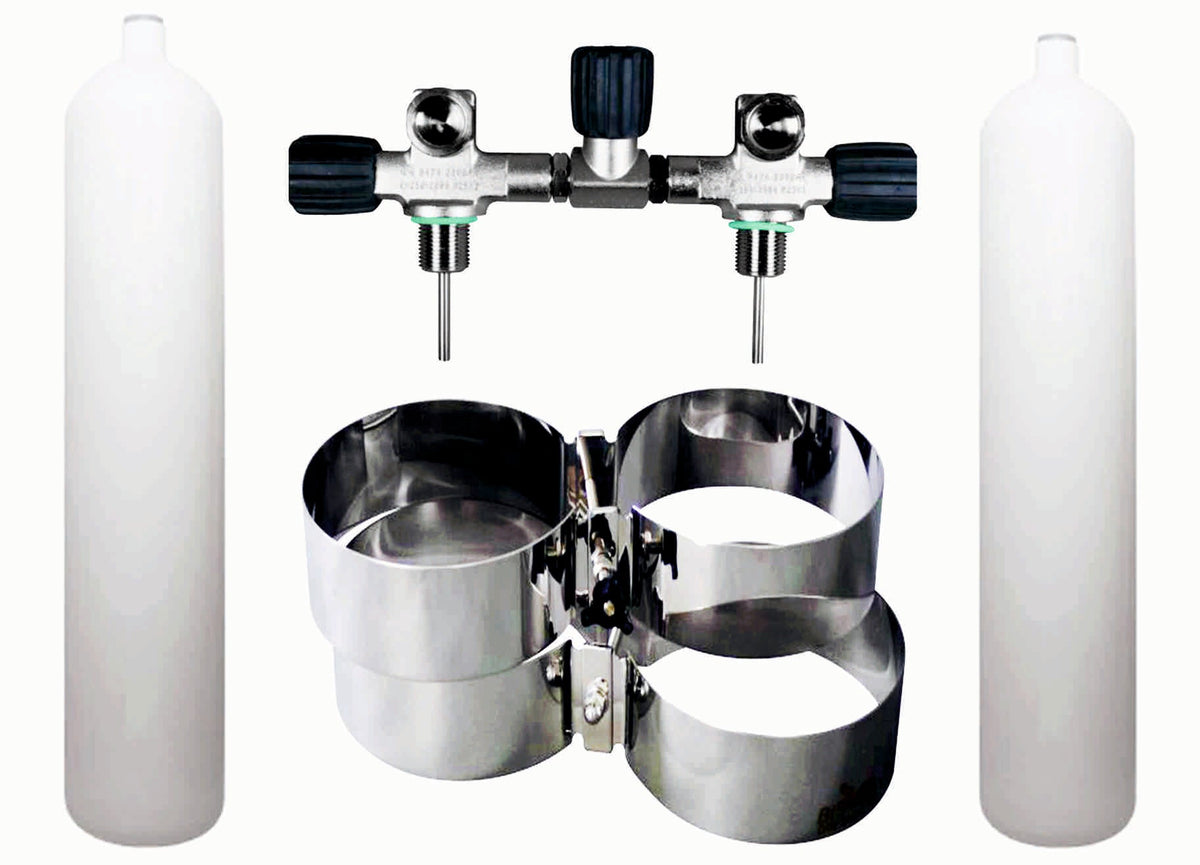 BTS 8.5 Litre 232 Bar M26 Flat Bottom Steel Cylinder Twin Set with Isolation Manifold & Wide Bands S16816699