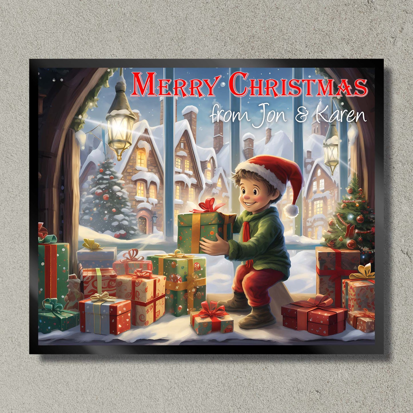 Illuminated Artwork Christmas Illustration "Boy with Presents" with Personalisation