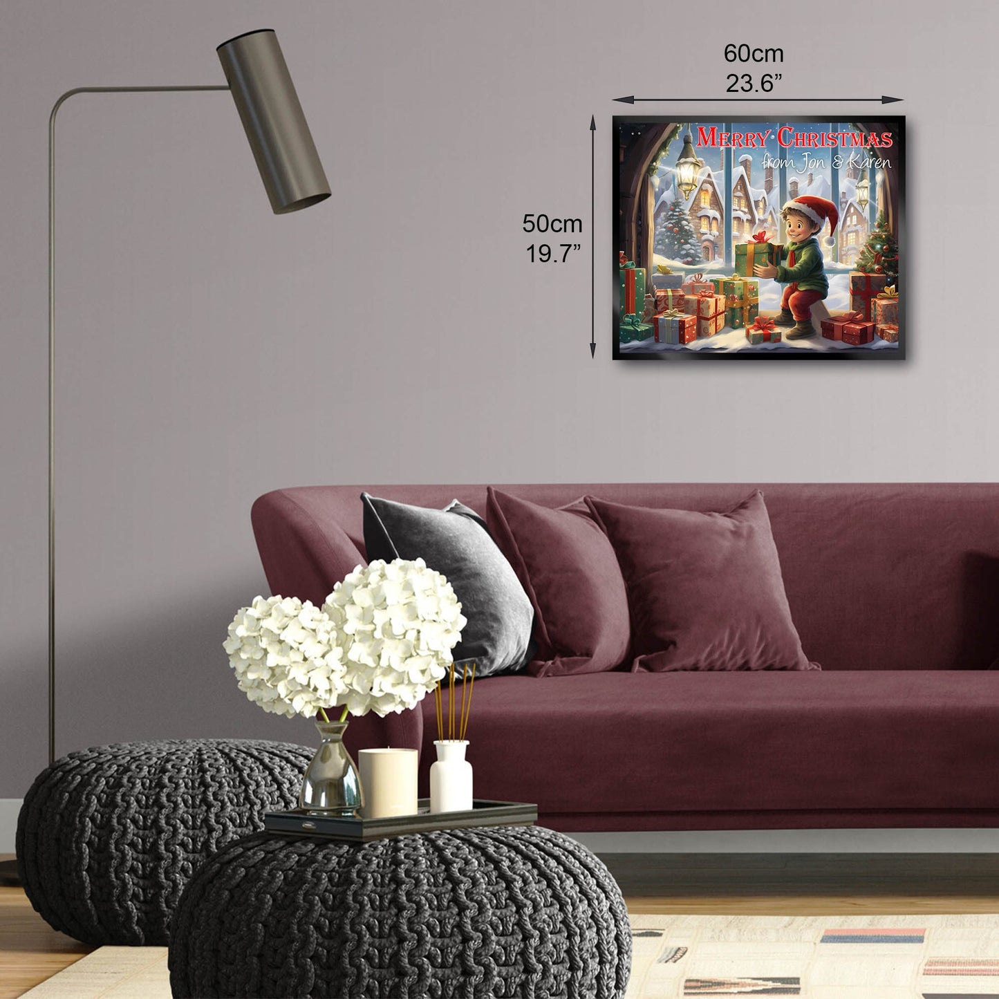 Illuminated Artwork Christmas Illustration "Boy with Presents" with Personalisation