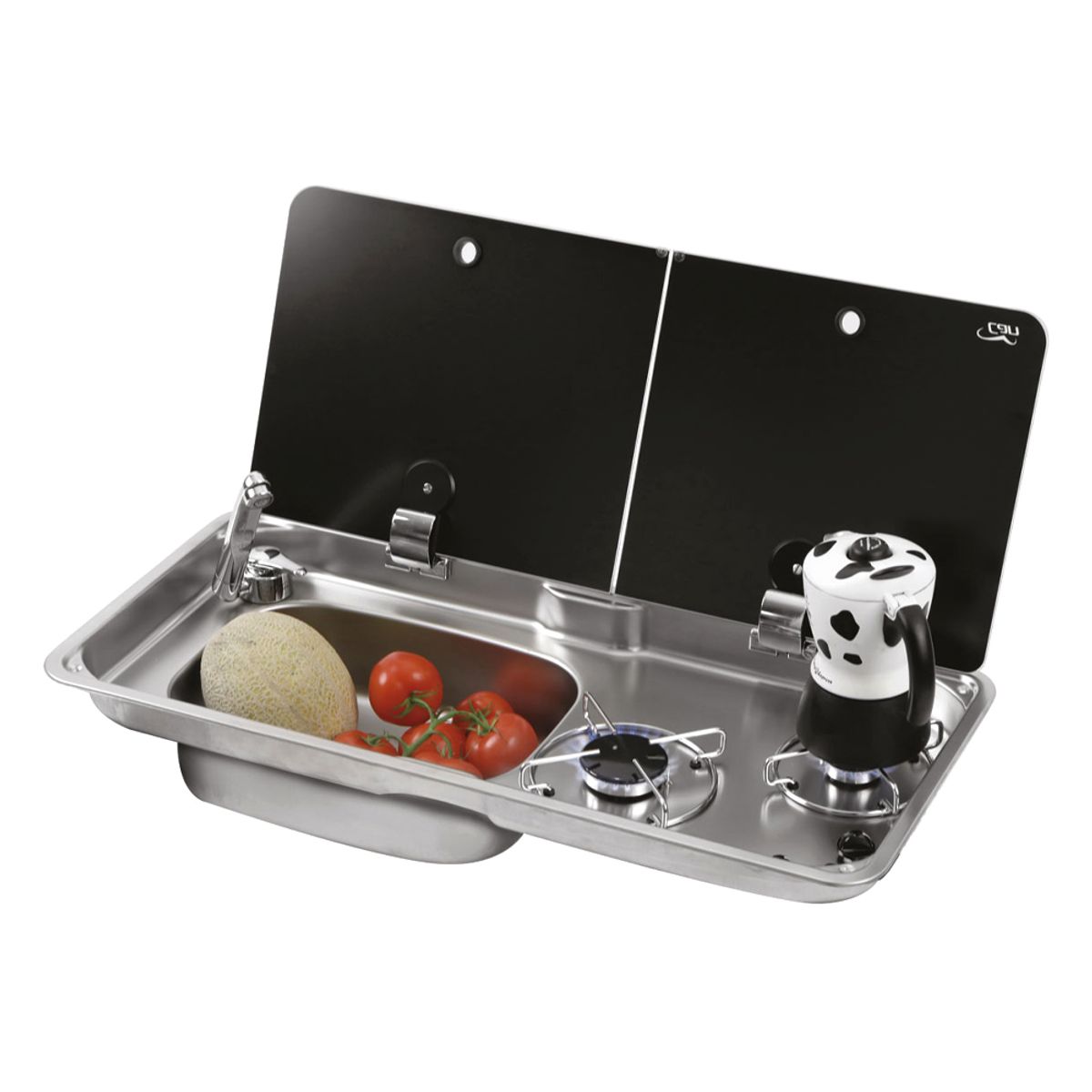 CAN Randi Hob & Left Hand Sink with Double Glass Lid, 2 Burner & Piezo