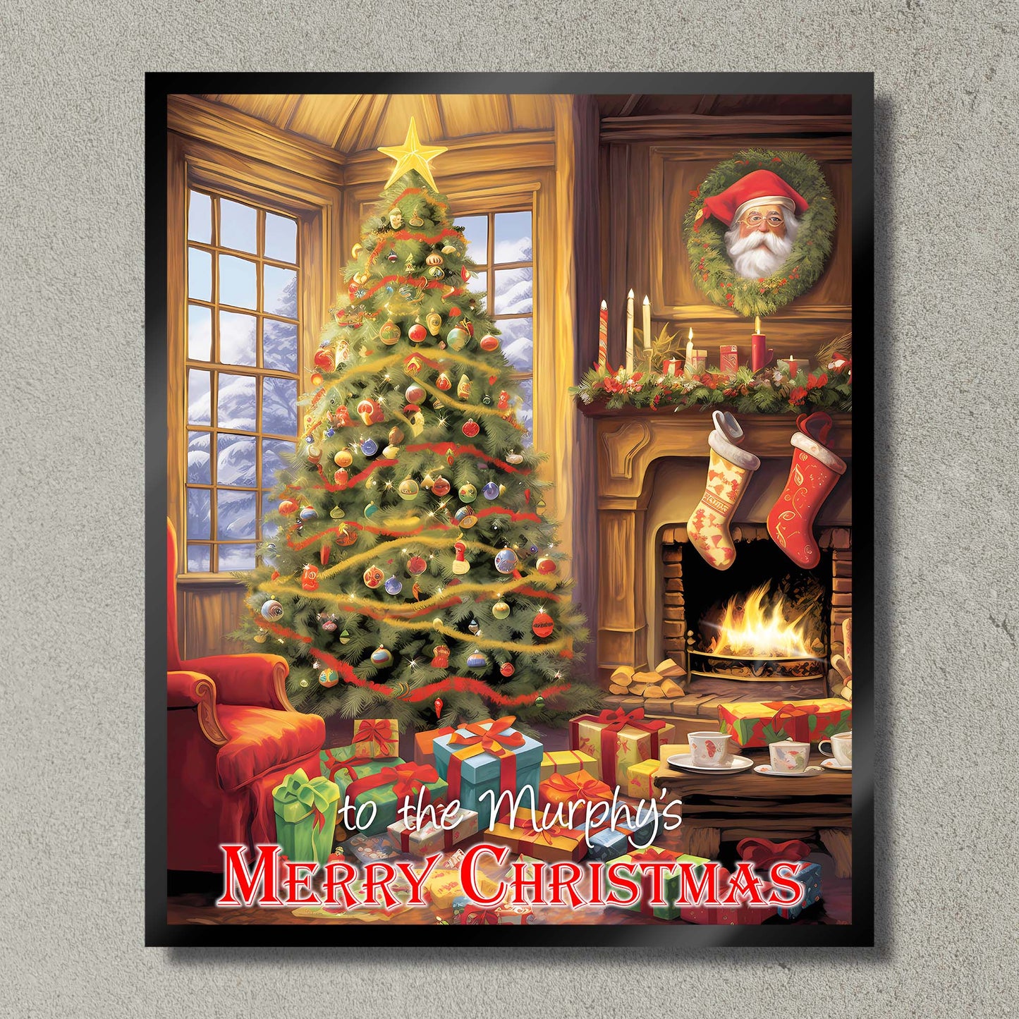 Illuminated Artwork Christmas Illustration "Christmas Tree and Fire" with Personalisation