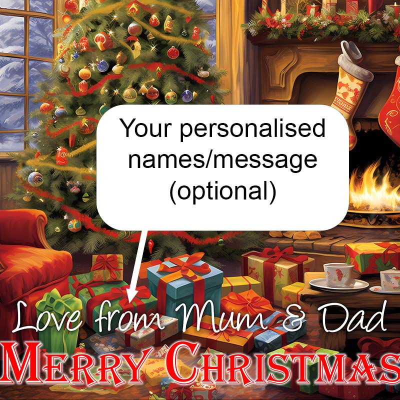Illuminated Artwork Christmas Illustration "Christmas Tree and Fire" with Personalisation