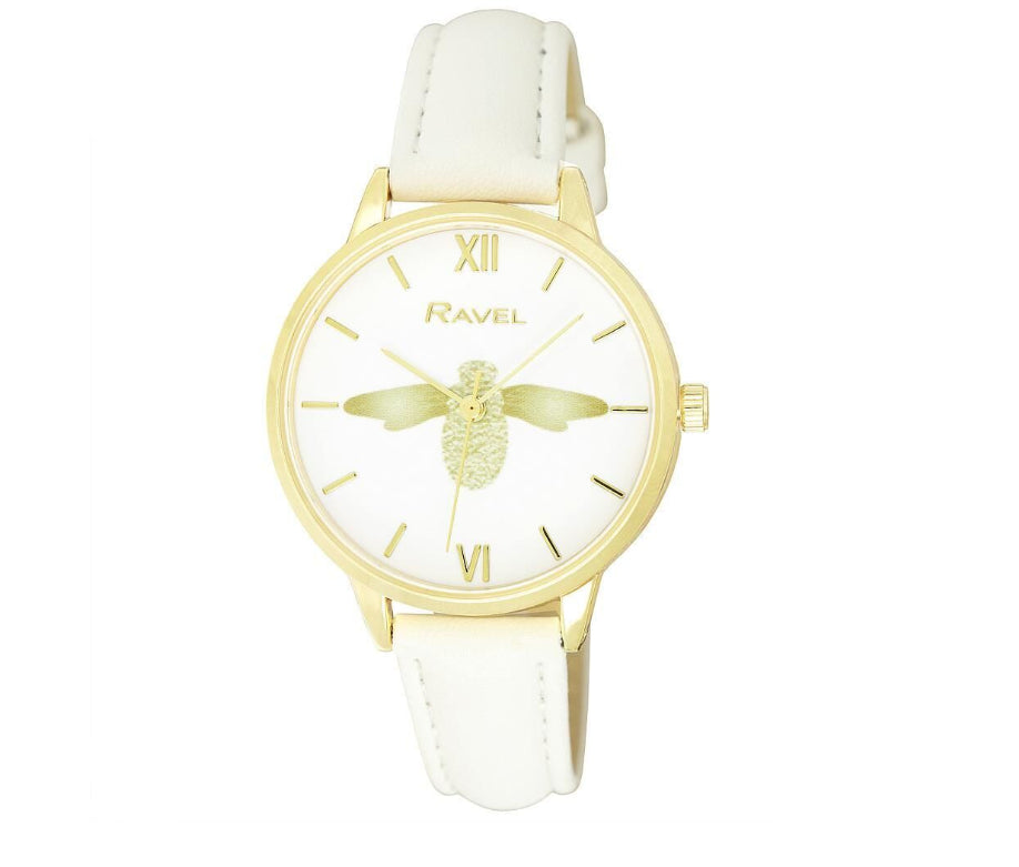 Ravel Ravel Women's Moth Design Dial White Leather Strap Watch RF007.4