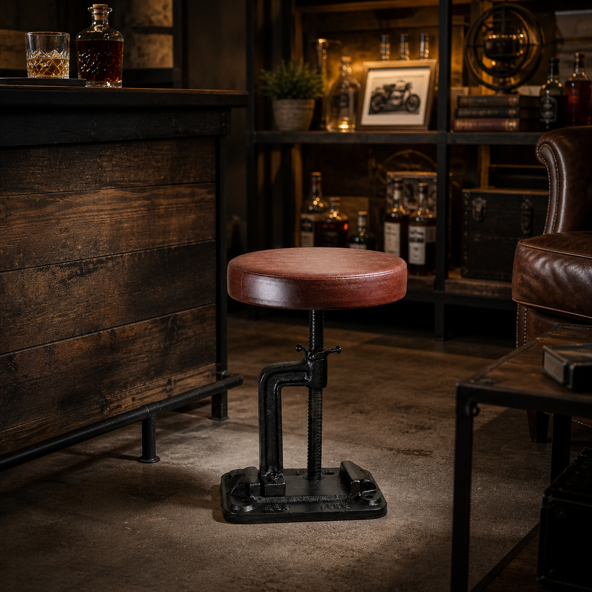 Vice Clamp Adjustable Stool | Cast Iron Industrial Seat | Leather Top