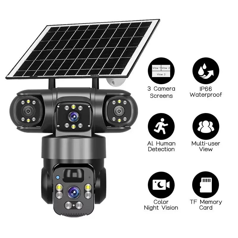 V380 360-Degree Panoramic 3-View 3-Lens Wireless WiFi/4G Solar-Powered Camera Surveillance System