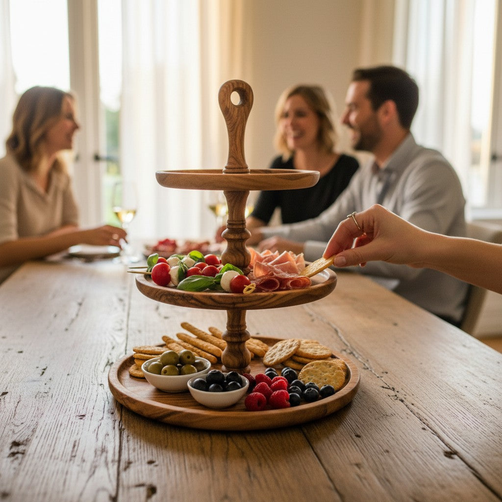 Handmade 3-Tier Olive Wood Serving Stand - Afternoon Tea & Cake Platter