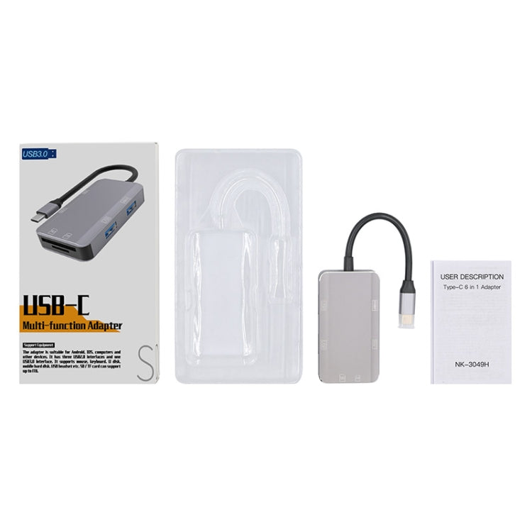 NK-3049H 6 in 1 USB-C / Type-C to TF / SD Card Slot USB 3.0 3 USB 2.0 Female Adapter(Space Grey)