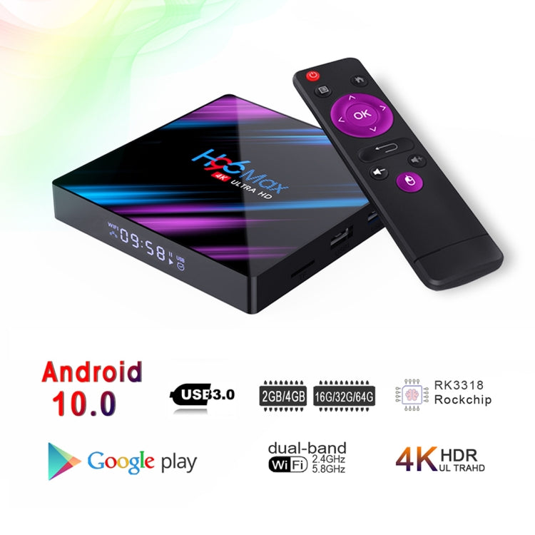H96 Max-3318 4K Ultra HD Android TV Box with Remote Controller, Android 10.0, RK3318 Quad-Core 64bit Cortex-A53, 2GB+16GB, Support TF Card / USBx2 / AV / Ethernet, Plug Specification:UK Plug