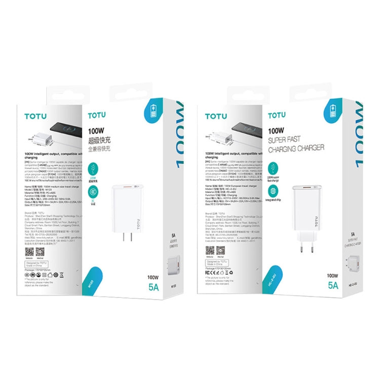 TOTU W123 100W USB Port Travel Charger with USB to USB -C / Type-C Data Cable Set, Specification:EU Plug(White)