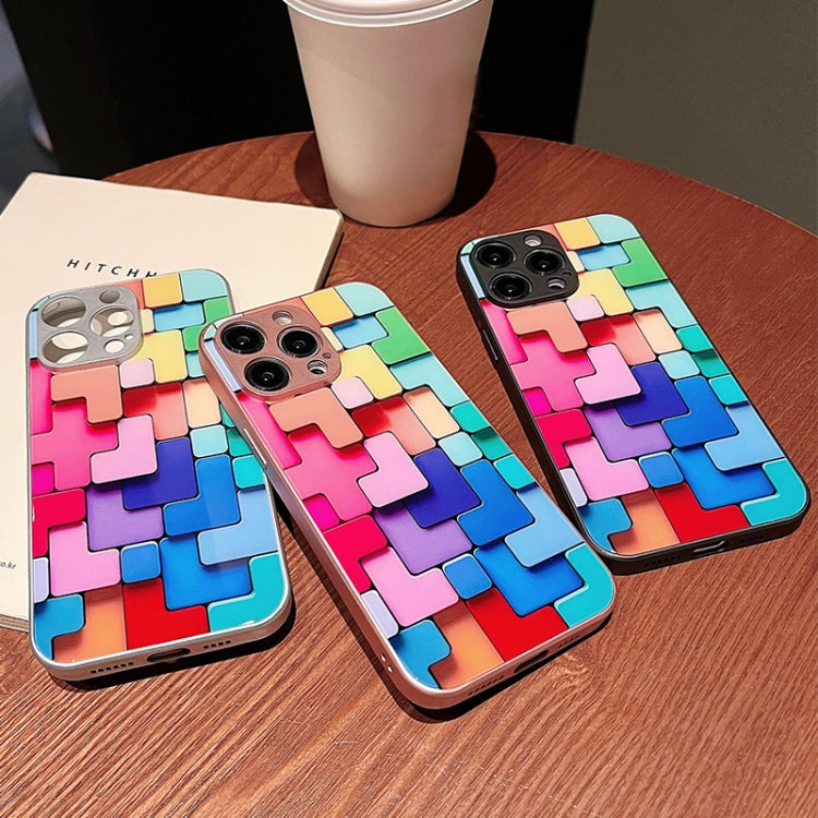 For iPhone 14 Pro Colorful Toy Bricks Pattern Shockproof Glass Phone Case(Silver)