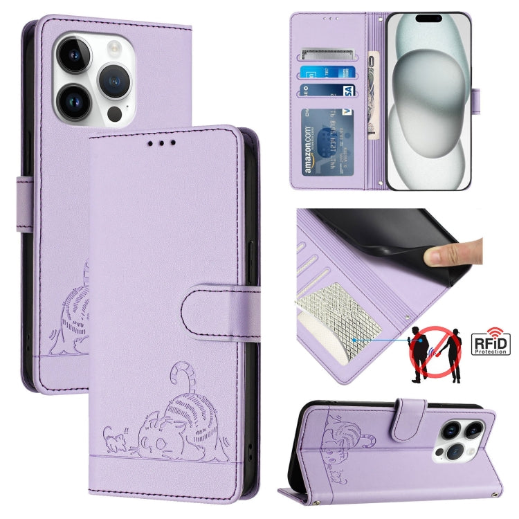 Cat Rat Embossed Pattern RFID Leather Phone Case with Lanyard, For iPhone 15, For iPhone 14 Plus, For iPhone 14/13, For iPhone 14 Pro