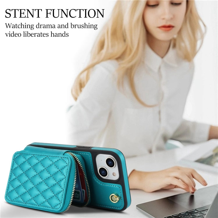 For iPhone 14 / 13 AwQuer Crossbody Zipper Wallet Rhombic Leather Back Phone Case(Green)