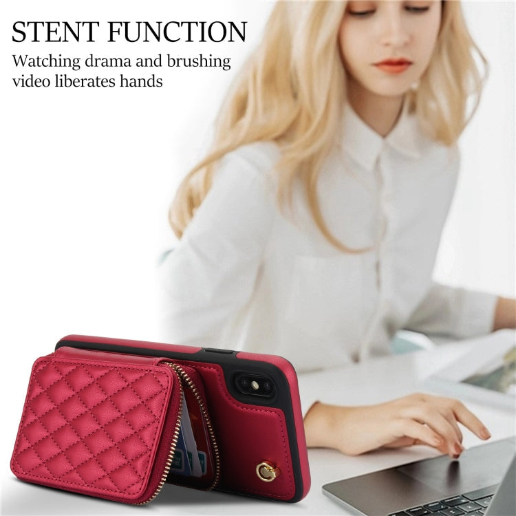 For iPhone XR AwQuer Crossbody Zipper Wallet Rhombic Leather Back Phone Case(Red)