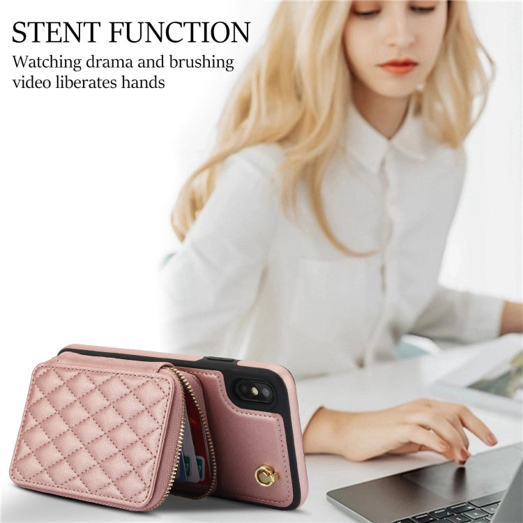 For iPhone XS Max AwQuer Crossbody Zipper Wallet Rhombic Leather Back Phone Case(Rose Gold)