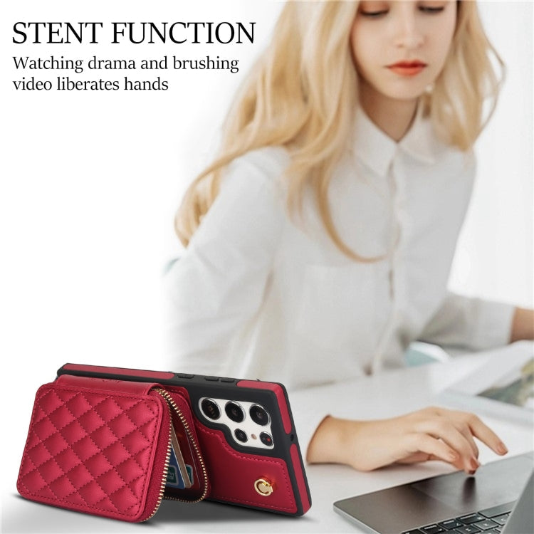 For Samsung Galaxy S23 Ultra 5G AwQuer Crossbody Zipper Wallet Rhombic Leather Back Phone Case(Red)