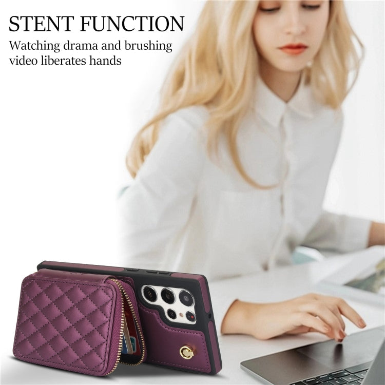 For Samsung Galaxy S22 Ultra 5G AwQuer Crossbody Zipper Wallet Rhombic Leather Back Phone Case(Dark Purple)