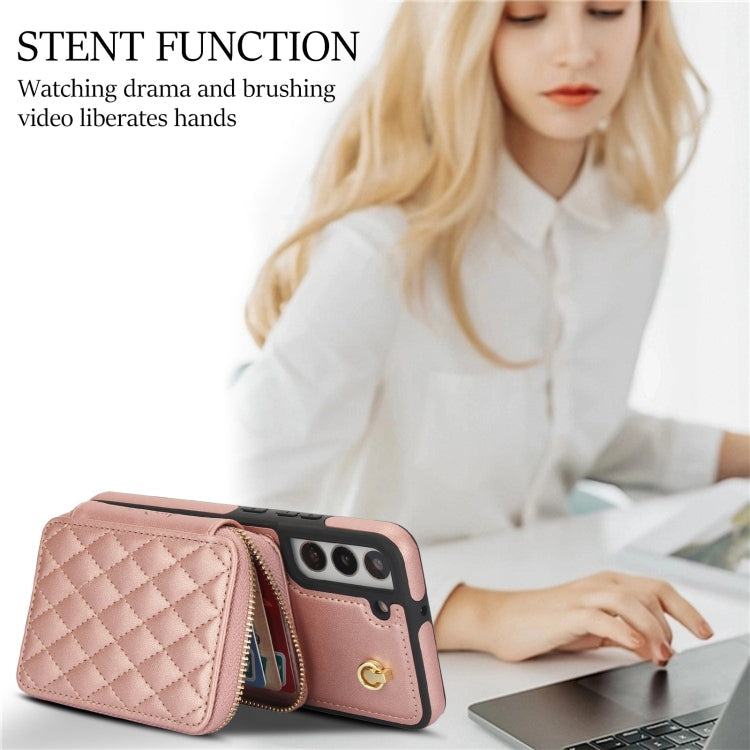 For Samsung Galaxy S22 5G AwQuer Crossbody Zipper Wallet Rhombic Leather Back Phone Case(Rose Gold)