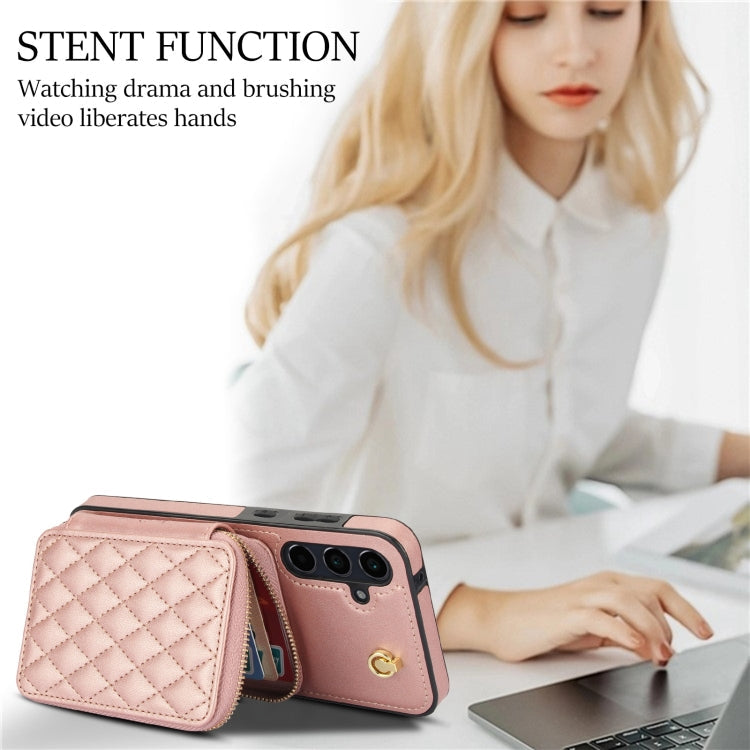 For Samsung Galaxy A35 5G AwQuer Crossbody Zipper Wallet Rhombic Leather Back Phone Case(Rose Gold)