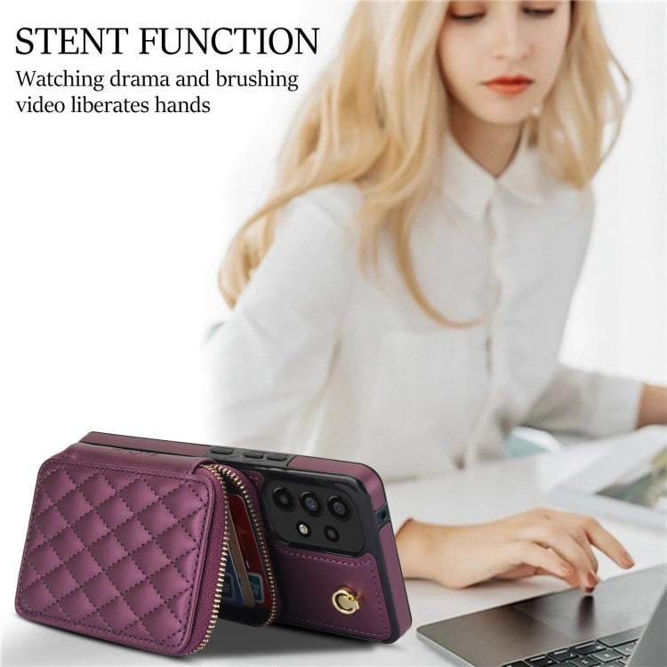 For Samsung Galaxy A73 4G / 5G AwQuer Crossbody Zipper Wallet Rhombic Leather Back Phone Case(Dark Purple)