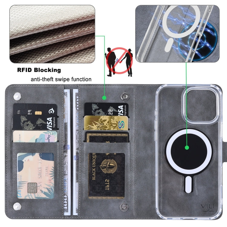 For iPhone 15 Pro ViLi GVS-C Series MagSafe Magnetic RFID Leather Flip Phone Case(Grey)