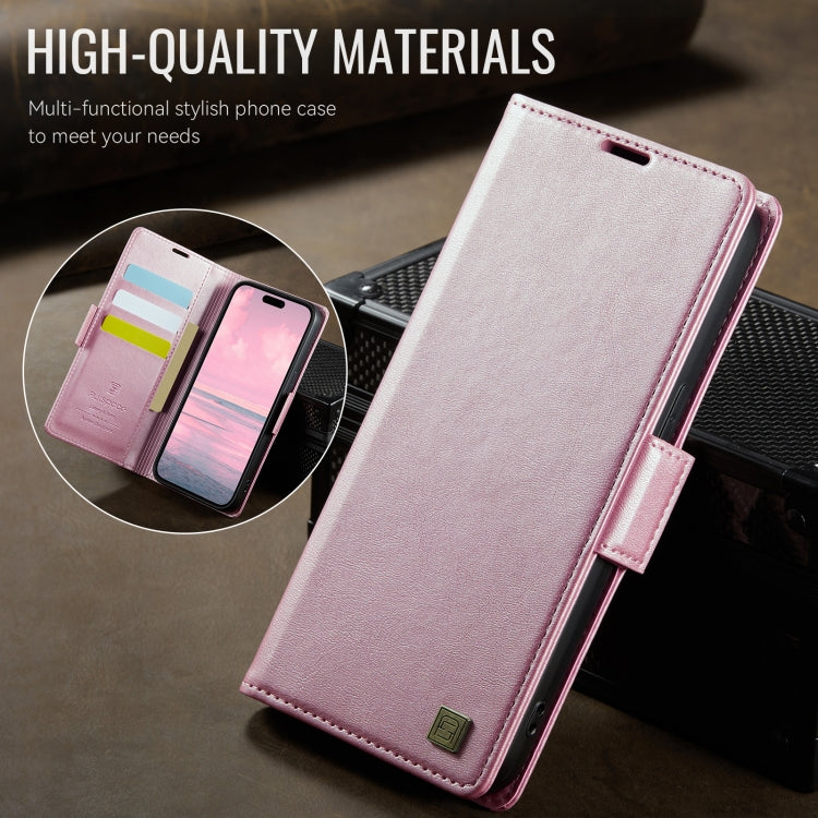For iPhone 14 Pro Max AutSpace A11 Side Buckle MagSafe Magnetic RFID Phone Leather Case(Rose Gold)