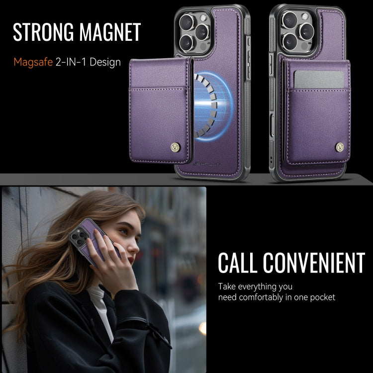 For iPhone 16 Pro JEEHOOD J06 British Style RFID MagSafe Card Bag PU Phone Case(Purple)