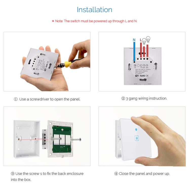 WS-EU-03 EWeLink APP & Touch Control 2A 3 Gangs Tempered Glass Panel Smart Wall Switch, AC 90V-250V, EU Plug, 3 Gangs