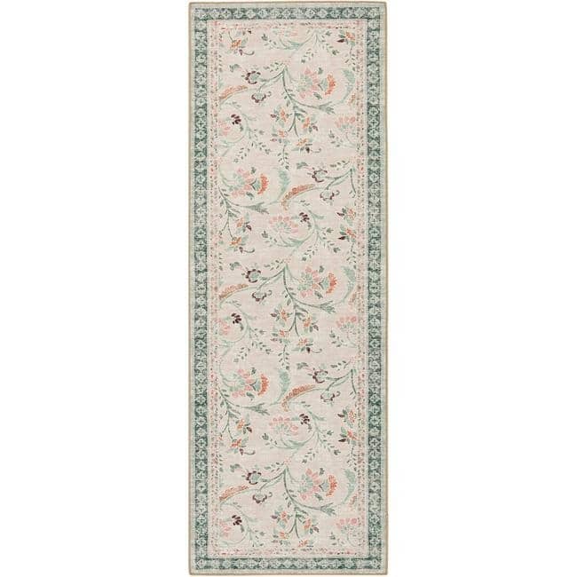 Eco-Washable Green Rug Floral Design