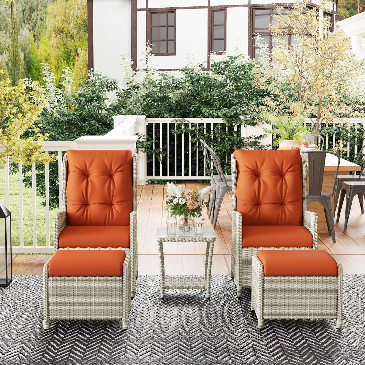 Outsunny Recliner Rattan Garden Furniture w/ Two-tier Table, Orange